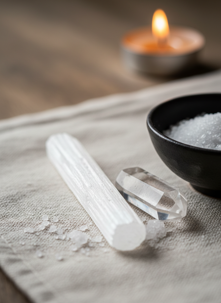 A close-up of a smooth, translucent selenite wand and a clear quartz point resting on a natural linen cloth, arranged diagonally like tools prepared for energetic and spiritual work. Around them lie subtle traces of salt crystals and a small, dark ceramic bowl, suggesting a ritual of purification and protection. The background is intentionally minimal, with only a blurred hint of a wooden surface and a distant, out-of-focus candle flame providing warm contrast. Soft side lighting from the right creates delicate reflections within the crystals and gentle shadows, enhancing their clarity and luminosity. Photographic realism, macro-style shot with very shallow depth of field, creating an intimate, refined, and professional impression of precise spiritual practice.