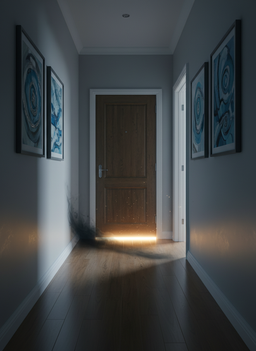 A symbolic representation of paranormal intervention in a home: a tidy hallway with framed abstract art and a closed wooden door at the end, where a faint, shadowy distortion clings near the floor, gradually thinning as it approaches a bright, subtly radiant threshold of light beneath the door. No figures are present; only the play of light and shadow suggests unseen phenomena being gently resolved. Cool ambient lighting fills the hallway, contrasted by the warm, inviting glow seeping from under the door. Photographic realism, centered composition with deep perspective, drawing the viewer’s eye toward the luminous doorway, evoking reassurance, protection, and successful resolution of disturbing energies.