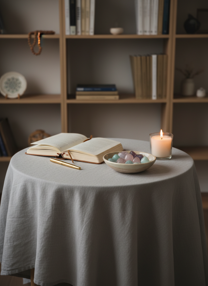 A tranquil, dedicated spiritual consultation space with a round table covered by a soft, light grey cloth, a notebook with an elegant pen, a small bowl of polished crystals in soothing pastel tones, and a single lit candle in a simple, modern holder. Behind the table, tall shelves hold neatly arranged spiritual books and minimalist decorative objects, all slightly out of focus. Warm, diffused studio lighting creates even illumination, gentle highlights on the candle glass, and soft shadows that feel enveloping and safe. Photographic realism, shot at a three-quarter angle with moderate depth of field, the composition emphasizing clarity, order, and a professional yet deeply calming atmosphere suitable for soul liberation and intuitive guidance.