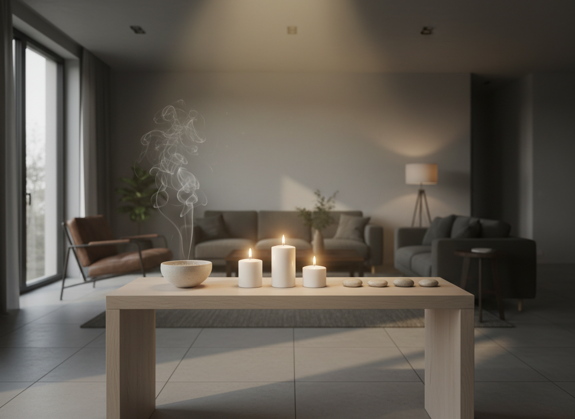 An elegant altar-like console in a contemporary living room, prepared for space and energy clearing, featuring three carefully arranged white pillar candles, a ceramic bowl with rising incense smoke, and several smooth, light-colored stones aligned with deliberate spacing. The surrounding room appears subtly heavy, with darker corners and slightly desaturated tones, while a soft aura of warm light concentrates around the console, symbolizing purification and protection. Natural afternoon light enters from the left, balanced by soft ambient lamp light, casting gentle shadows and delicate rays through the smoke. Photographic realism, wide-angle composition with the console framed by the rule of thirds, giving a clear view of the transformed, harmonious zone emerging within the space.