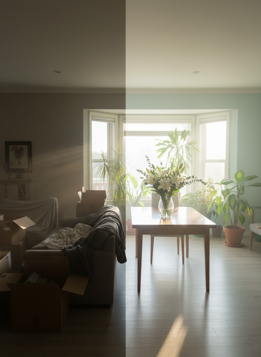 A wide view of a home’s open-plan living and dining area mid-transformation, with one side of the space subtly depicted as heavy and cluttered in tone—slightly darker colors, denser shadows—while the other side near the windows appears visibly lighter, with clearer air and softer, brighter hues, symbolizing effective energy clearing. Houseplants with vibrant leaves stand near the windows, and a clear glass vase with fresh white flowers sits on the table as a focal point of purity and renewal. Late afternoon sunlight pours in, creating radiant beams across the cleansed zone. Photographic realism, wide-angle lens with strong depth of field, the composition using a gentle diagonal from shadow to light to illustrate the shift from energetic disturbance to harmony.