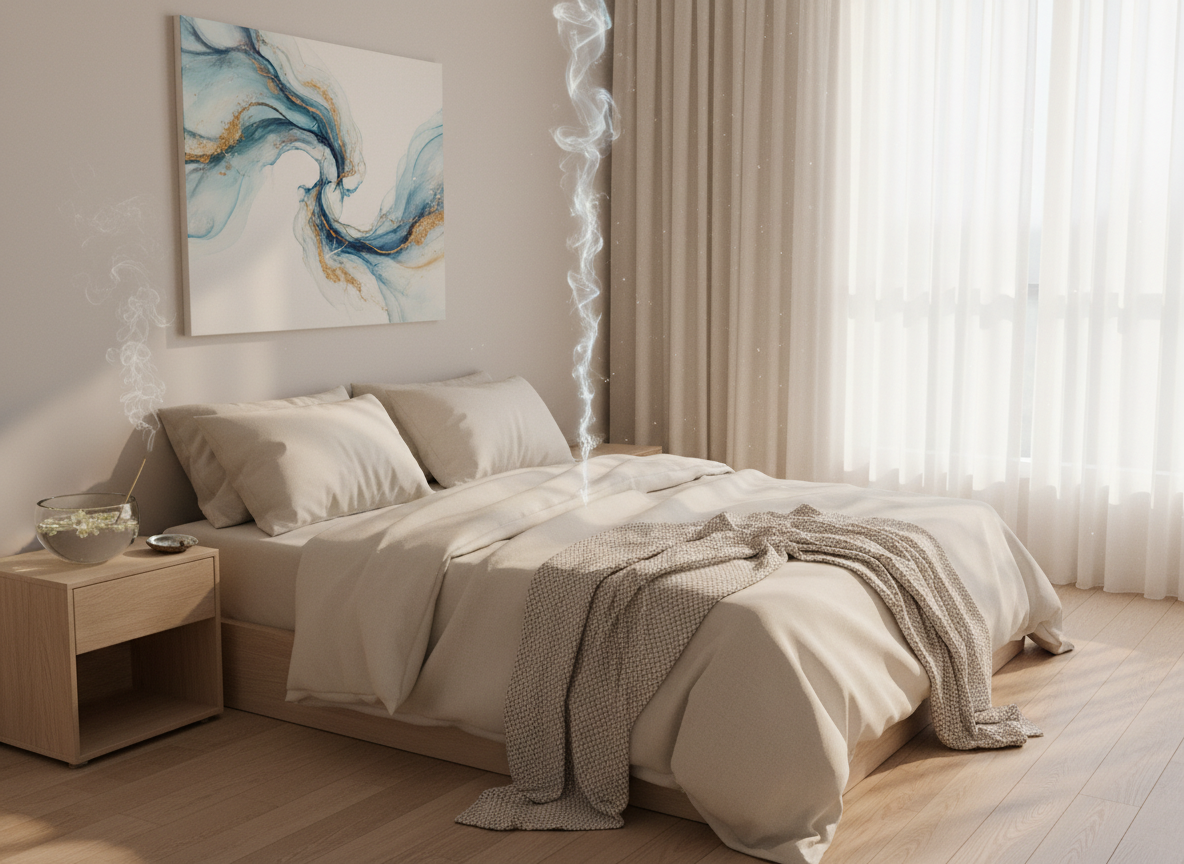 A peaceful bedroom corner undergoing energetic cleansing, with a neatly made bed in soft linen tones, a simple wooden nightstand, and a clear glass bowl filled with water and floating white petals. On the wall, an abstract artwork with flowing, luminous shapes suggests subtle spiritual presence without depicting figures or faces. A translucent, almost imperceptible veil of light seems to lift from the floor toward the ceiling, representing the release of heavy energies and liberation of the space. Diffused morning daylight filters through sheer curtains, creating a calm, hopeful glow. Photographic realism, shot from a slightly elevated angle to show the whole corner environment, with a clean, modern aesthetic and a serene, reassuring mood.