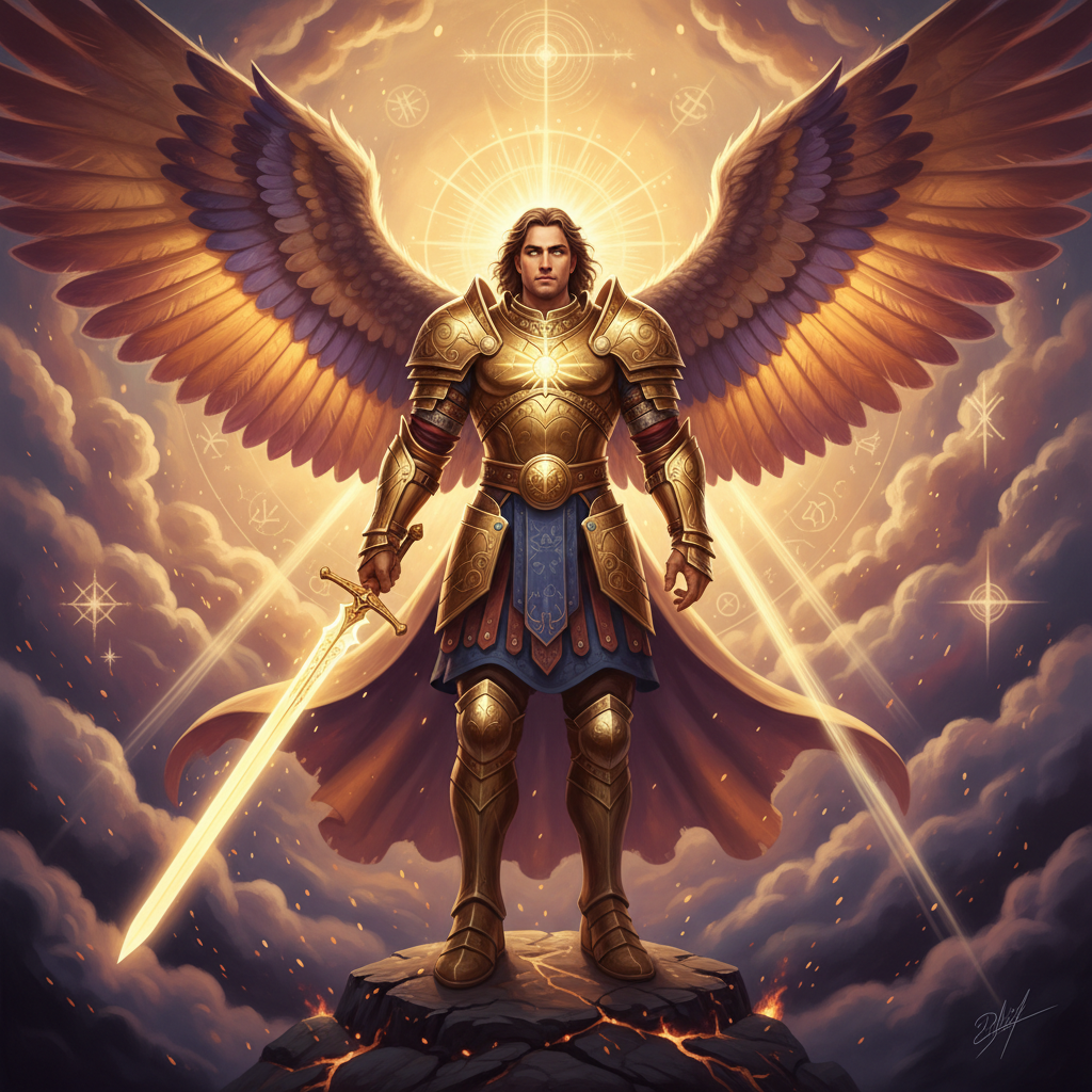 A majestic and spiritual portrait of Archangel Saint Michael, powerful and luminous, wearing golden armor, holding a sword of light, wings spread wide, radiating divine energy, warm golden and purple tones, mystical atmosphere, professional spiritual art style