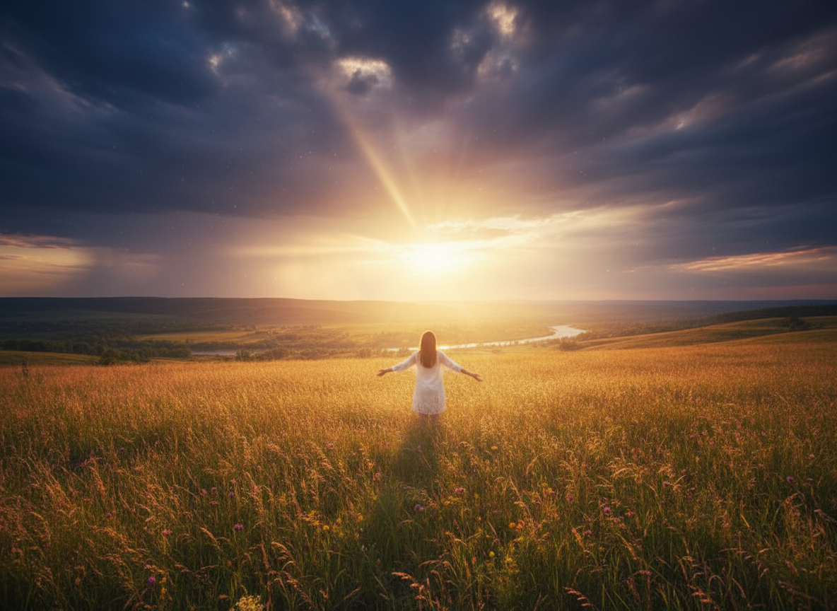 A serene and spiritual scene depicting inner liberation and healing. Soft golden light breaking through dark clouds over a peaceful landscape, symbolizing freedom and spiritual release. A person with arms slightly open, standing in a field bathed in warm light, viewed from behind, suggesting relief, peace, and transformation. Photographic realism, cinematic lighting, calm and hopeful atmosphere.